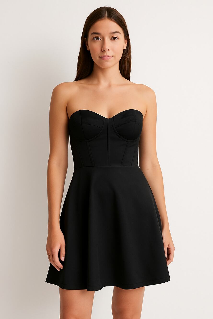 Bebe Strapless Black Satin Fit & Flare Dress P/S